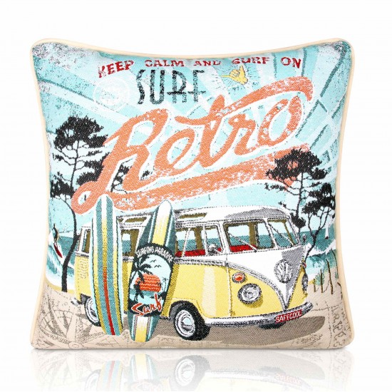 Jacquard Camper Van 1, Velvet backed piped Filled Cushion 43cm x 43cm