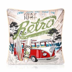 Jacquard Camper Van 2 , Velvet backed piped Filled Cushion 43cm x 43cm