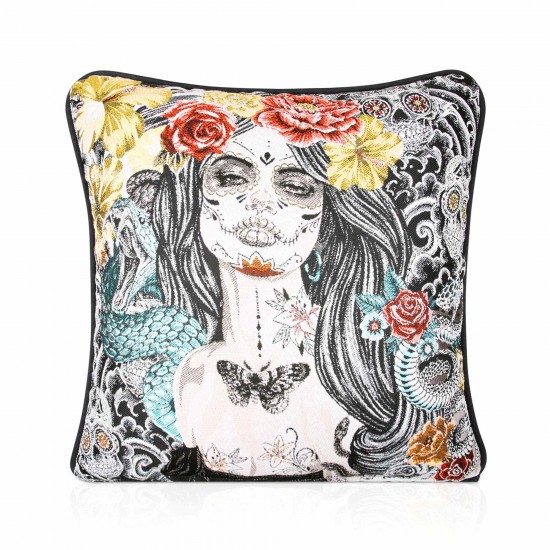 Jacquard Day of the Dead , Velvet backed piped Filled Cushion 43cm x 43cm