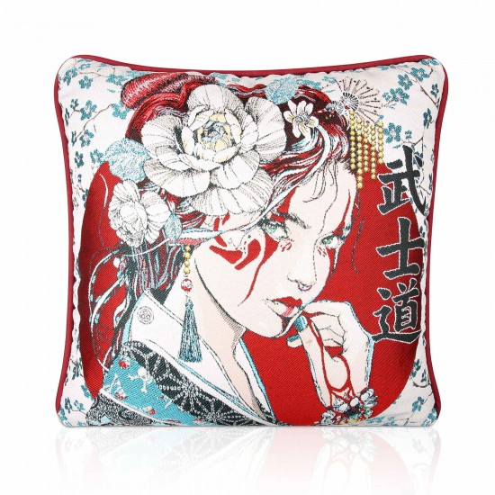 Jacquard Geisha Girl 1, Velvet backed piped Filled Cushion 43cm x 43cm