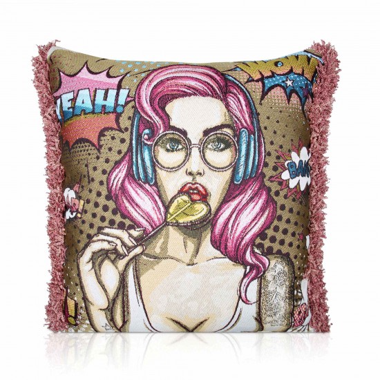 Jacquard Lollipop girl  1 , Velvet backed piped Filled Cushion 43cm x 43cm