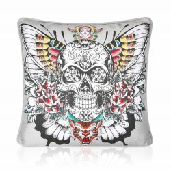 Jacquard Tattoo Skull Silver , Velvet backed pipid Filled Cushion 43cm x 43cm