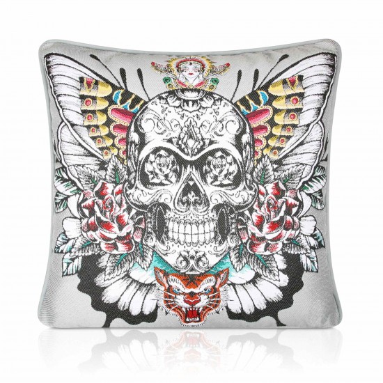 Jacquard Tattoo Skull Silver , Velvet backed pipid Filled Cushion 43cm x 43cm