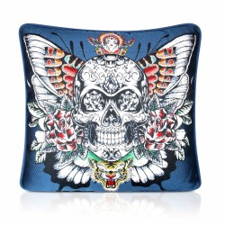 Jacquard Tattoo Skull Blue , Velvet backed piped Filled Cushion 43cm x 43cm