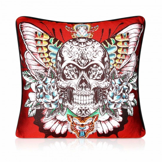 Jacquard Tattoo Skull Red , Velvet backed piped Filled Cushion 43cm x 43cm