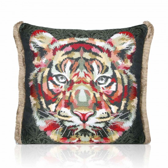 Jacquard  Tiger, Velvet backed piped Filled Cushion 43cm x 43cm